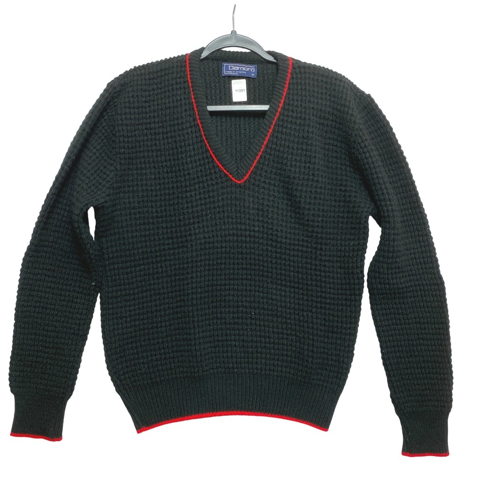Damon Sweater Mens Medium Black Red Trim Vintage Waffle Knit Made in USA